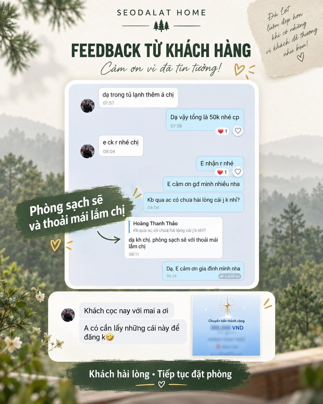 Feedback từ khách hàng SEODALAT Home - Tin nhắn đặt phòng và chuyển tiền cọc thực tế