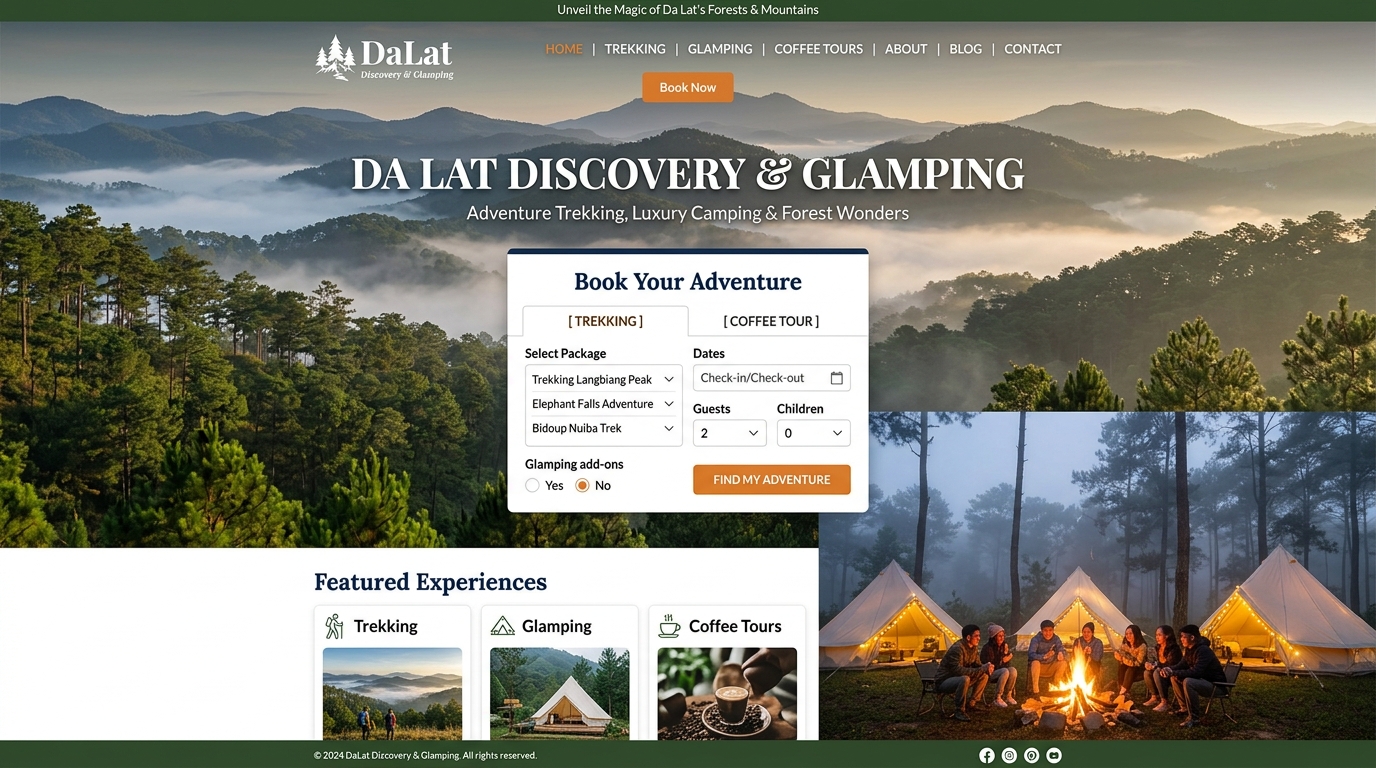 Giao diện mẫu Tour Trải Nghiệm & Glamping trên máy tính
