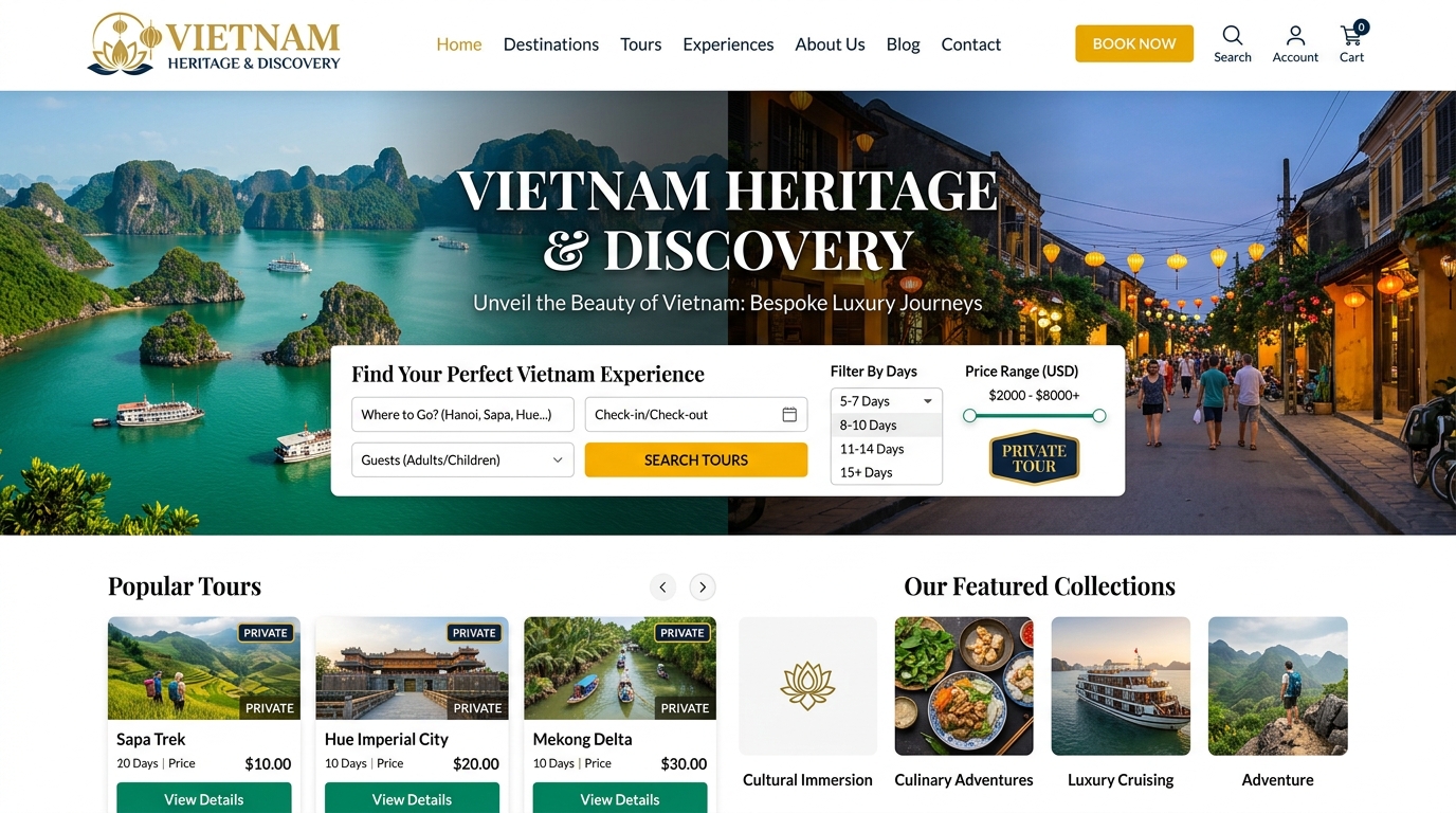 Giao diện mẫu Tour Di Sản & Khám Phá Inbound trên máy tính